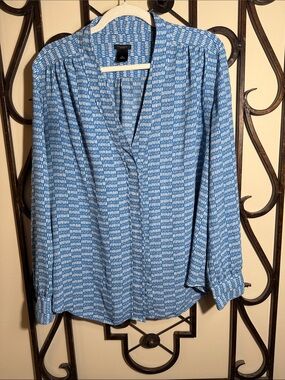 Ann Taylor Factory Blue and White Printed Long Sleeve Blouse